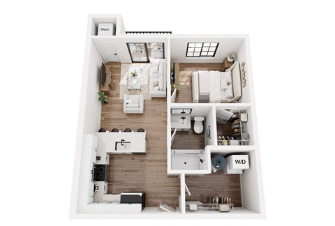 Floor plan for 1 bed, 1 bath, 597 sqft